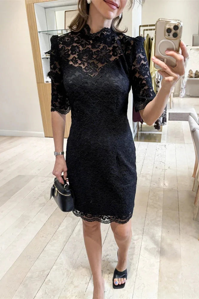See-Through Lace Patchwork Short Sleeve Mini Dress