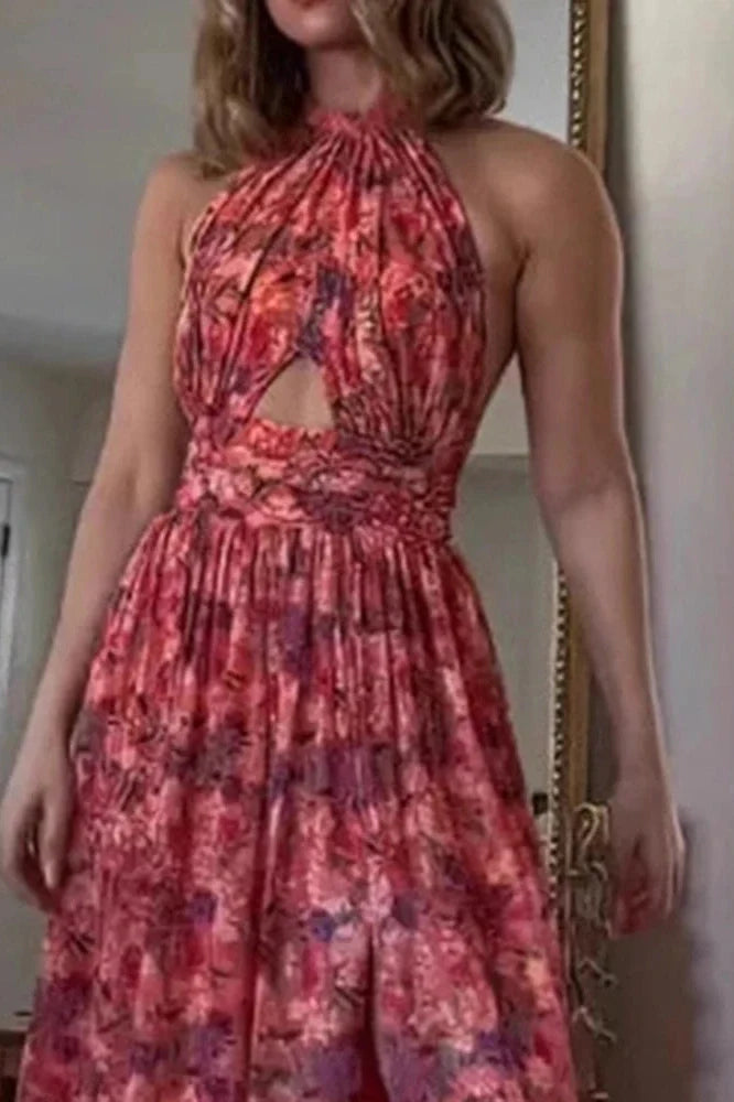 Hollow Out Sleeveless High Waist Pleated Printed Maxi Dress
