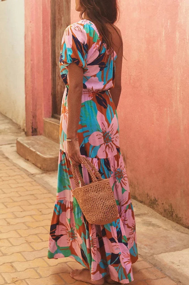 Printed High Waist Pleated One-Shoulder Sleeve Maxi Dress
