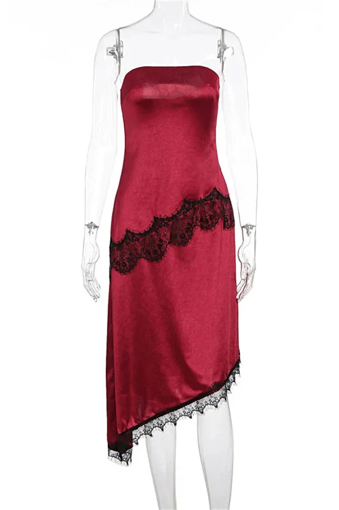 Lace Patchwork Slim High Waist Backless Midi Dress