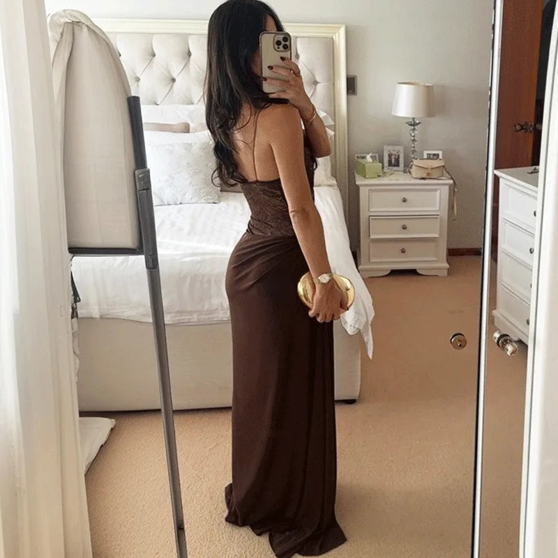 Elegant Lace Patchwork Backless Maxi Dress