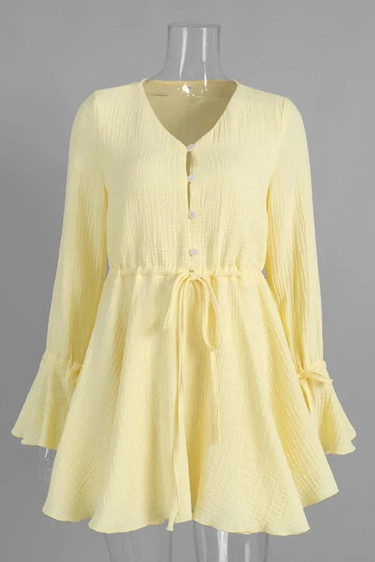 Flared-Sleeve V-Neck Lace-Up Button A-Line Mini Dress