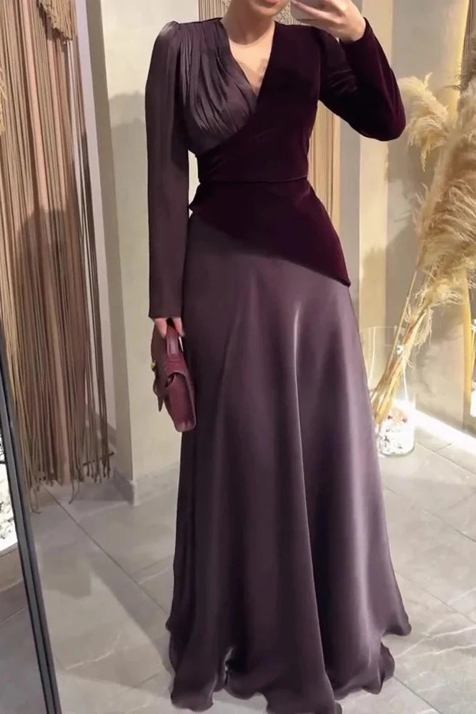 Long Sleeve V-Neck High Waist Pleated Maxi Dress