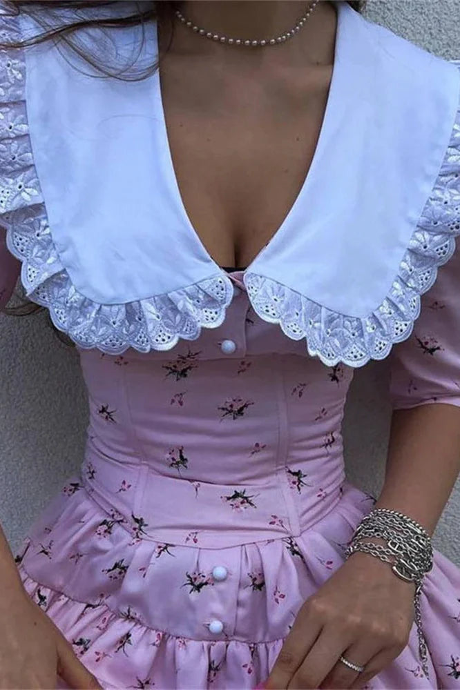 Printed Patchwork V-Neck Short Sleeve Slim Mini Dress