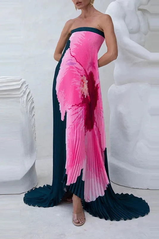 Elegant Strapless Off Shoulder Printed Maxi Dress