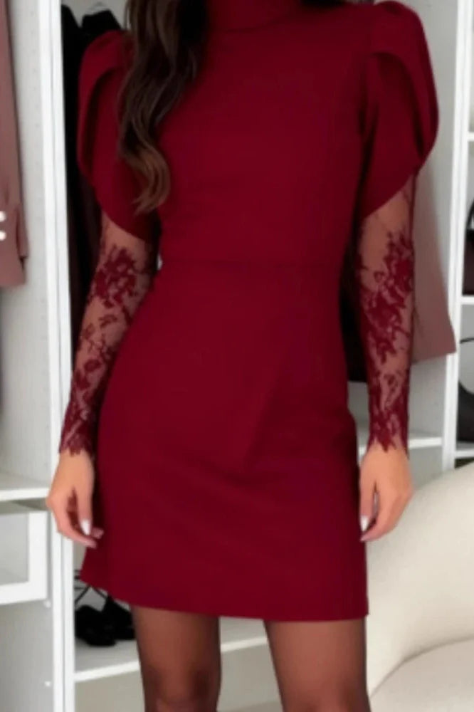 O-Neck Lace Long Sleeve Slim High Waist Pleated A-Line Mini Dress