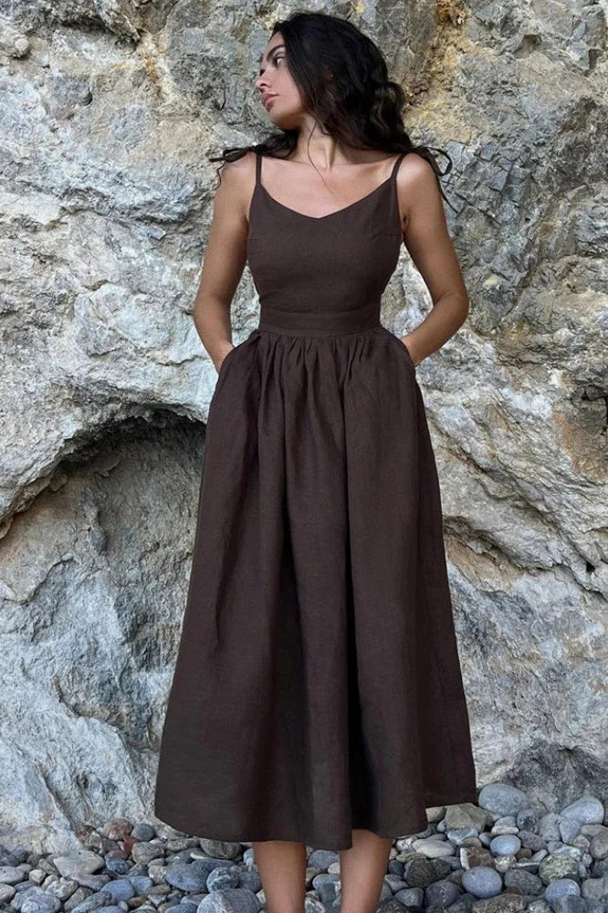 Elegant Backless V Neck Midi Dress