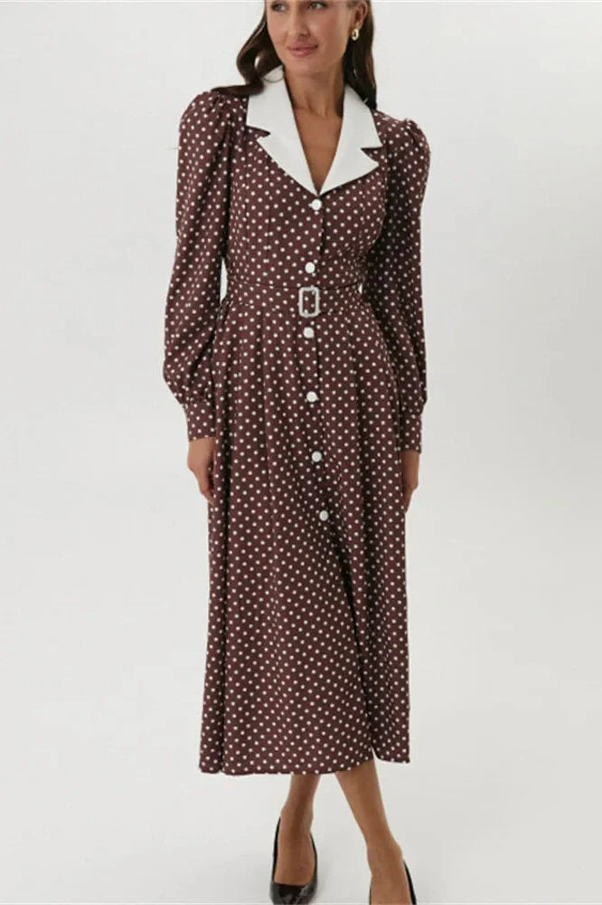Printed High Waist Long Sleeve Slim Midi Dress