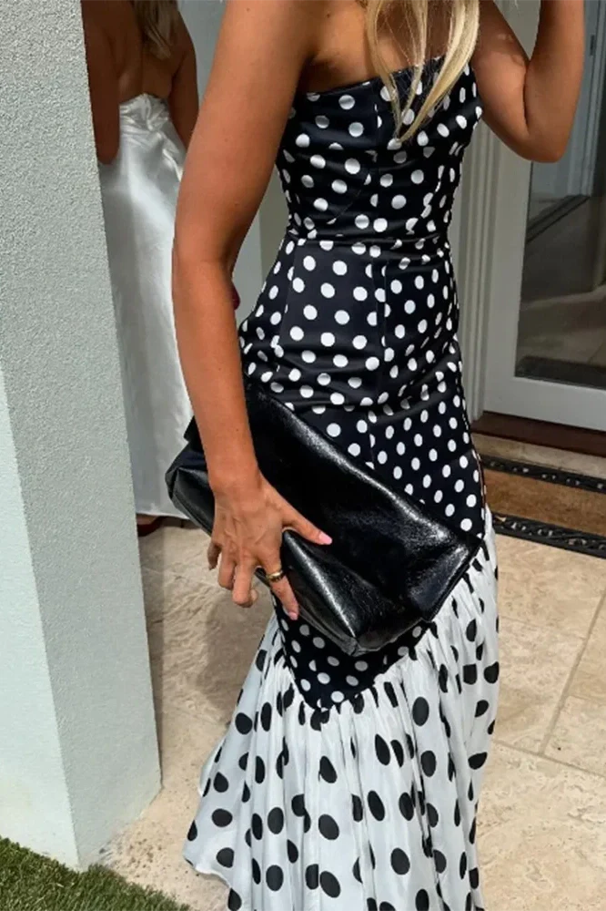 Elegant Split Polka Dot Printed Strapless High Waist Maxi Dress