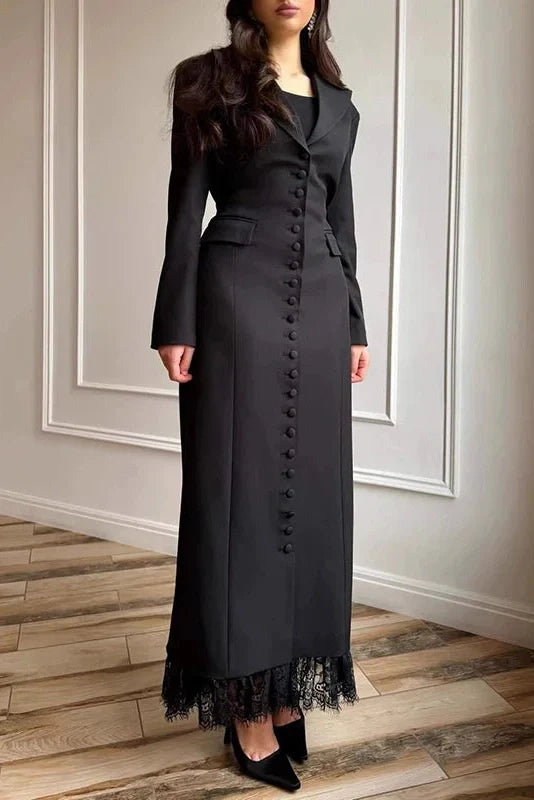 Long Sleeve Single Breasted V-Neck Lace Maxi Dress