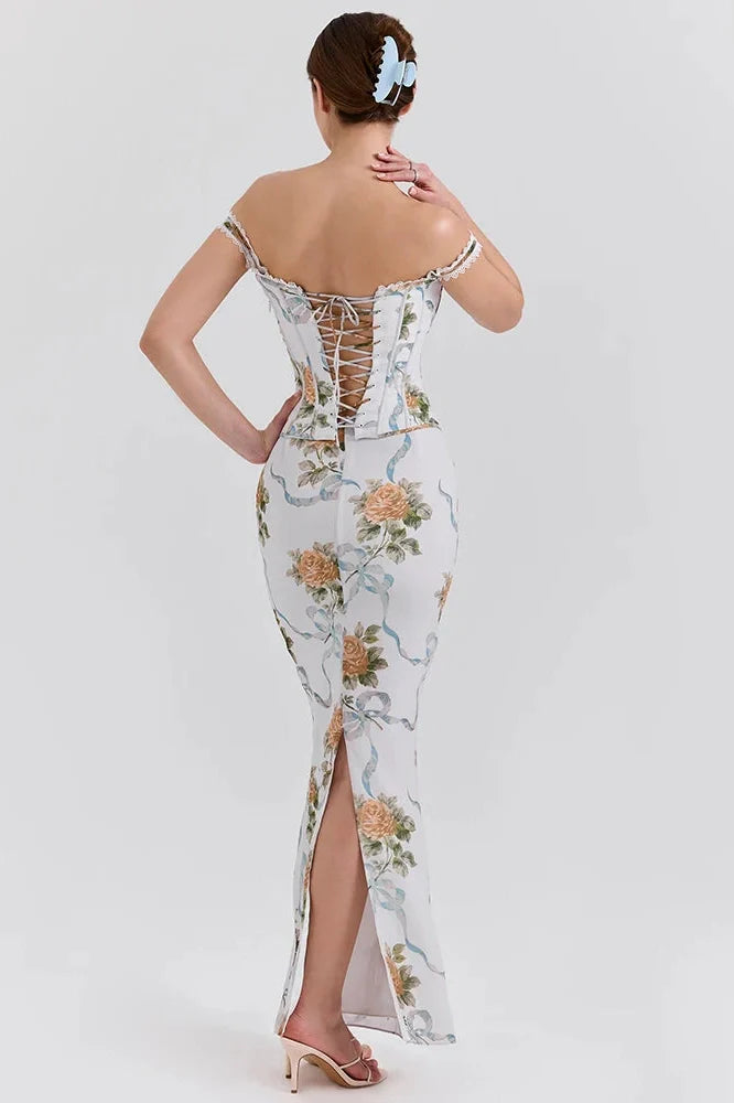 Printed Off-Shoulder Sleeveless Backless Bodycon Maxi Dress