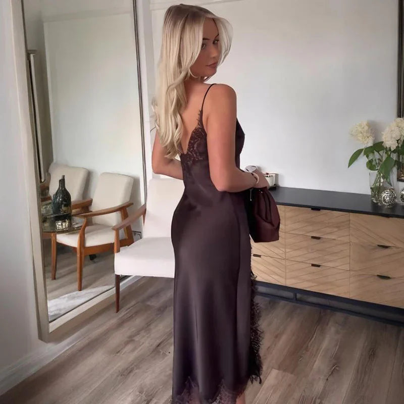 Lace Spaghetti Strap High Waist Midi Dress