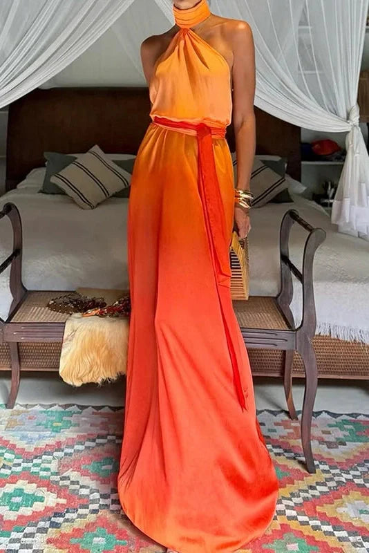 Hollow Sleeveless Slim Printed Backless High Waist Maxi Dress