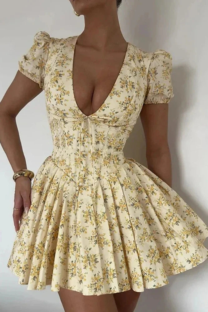 Printed Deep V Neck Patchwork Short Sleeve Mini Dress