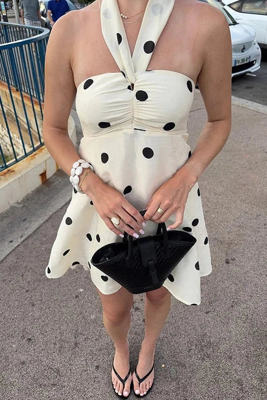 Polka Dot Off-Shoulder Backless Pleated Strapless Mini Dress