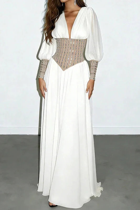 Long Sleeve Slim V-Neck High Waist Maxi Dress