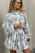 Elegant Printed Lace Up Long Sleeve Mini Dress