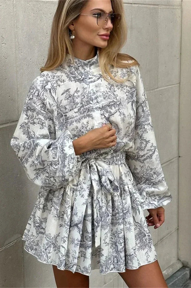 Elegant Printed Lace Up Long Sleeve Mini Dress