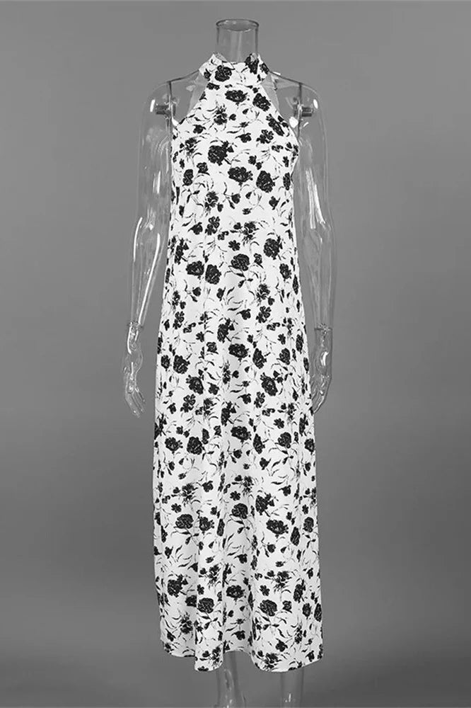 Printed Backless Sleeveless Slim Lace-Up Maxi Dress