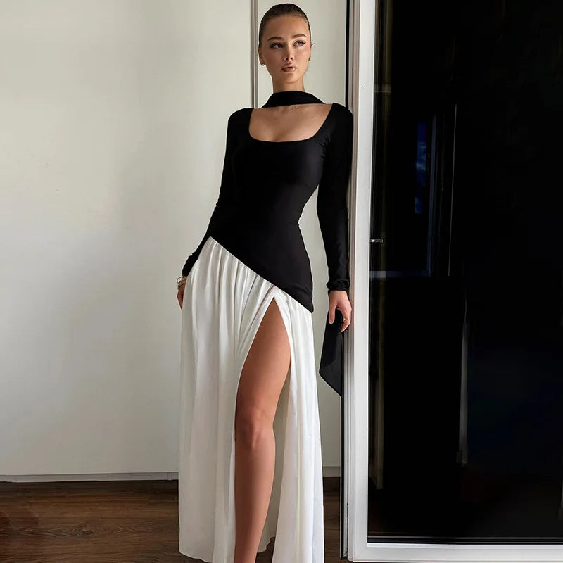 Square Neck Scarf Ribbon Slim Long Sleeve Maxi Dress