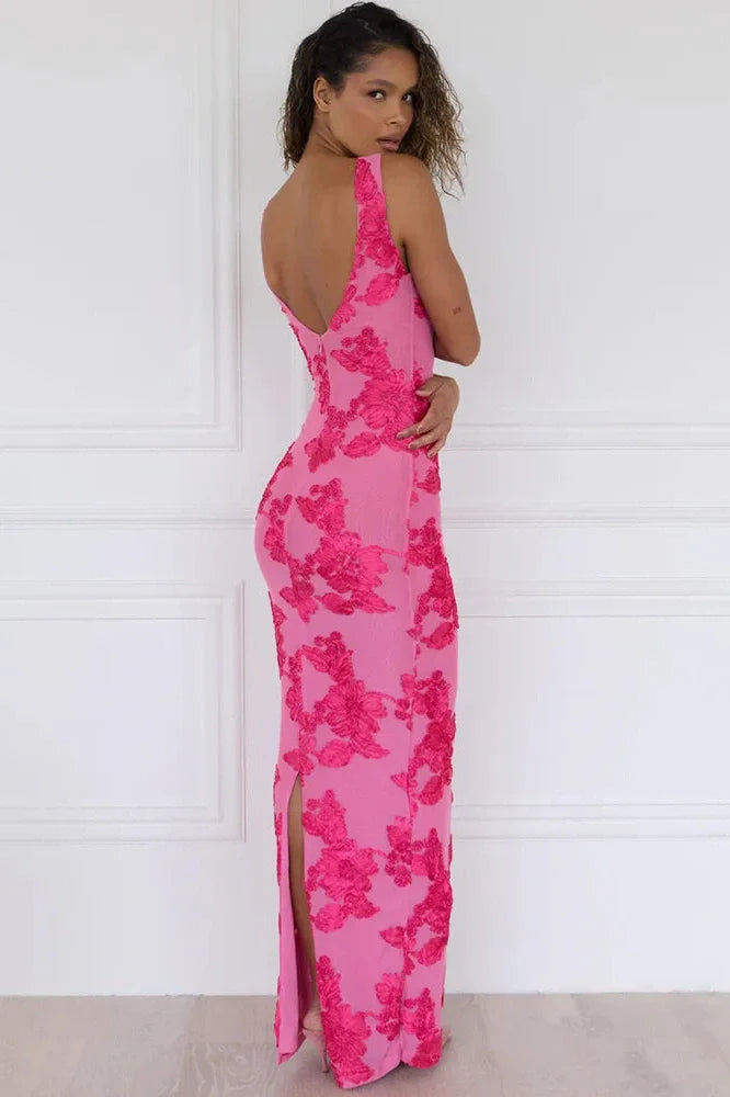Elegant Floral Print Embroidered Maxi Dress