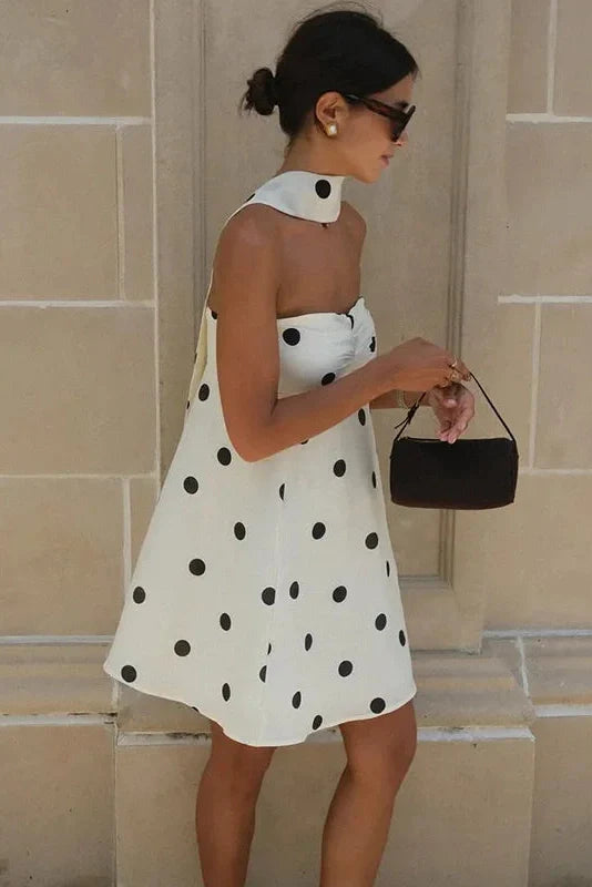Polka Dot Off-Shoulder Backless Pleated Strapless Mini Dress
