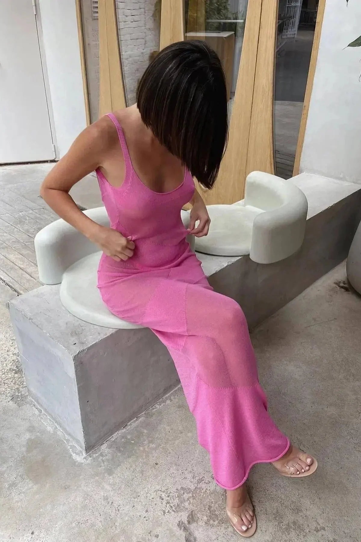 Backless See Through Knitted Slim Maxi Dress