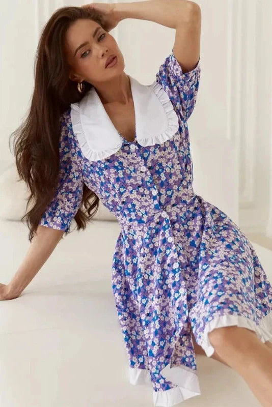Short Sleeves Printed High-Waisted Mini Dress