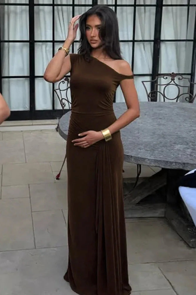 One Shoulder Slim Sleeveless Patchwork Pleated Maxi Dress