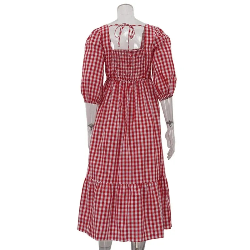 Square Neck Lace-Up Half Sleeve High Waist Patchwork Maxi Dress