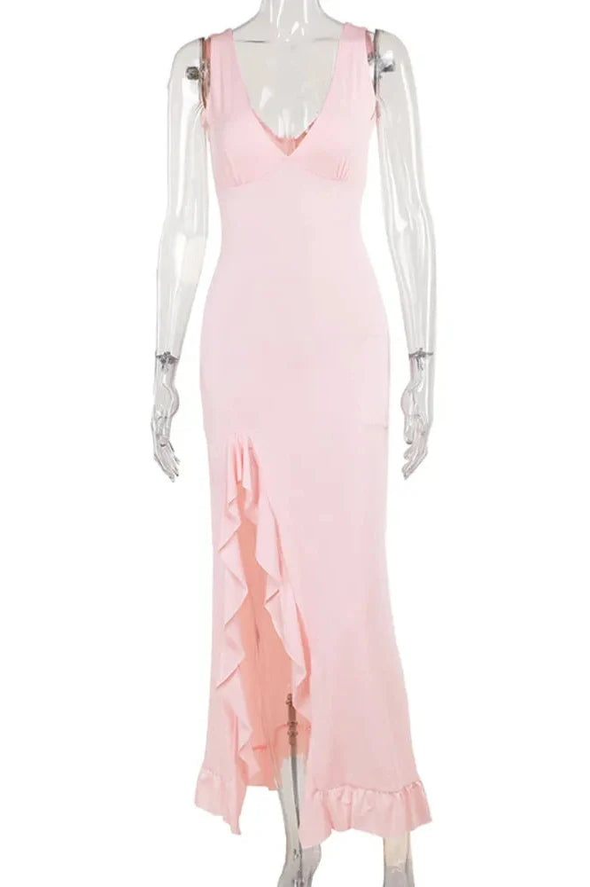 Elegant Sleeveless Deep V Neck Backless High Split Maxi Dress