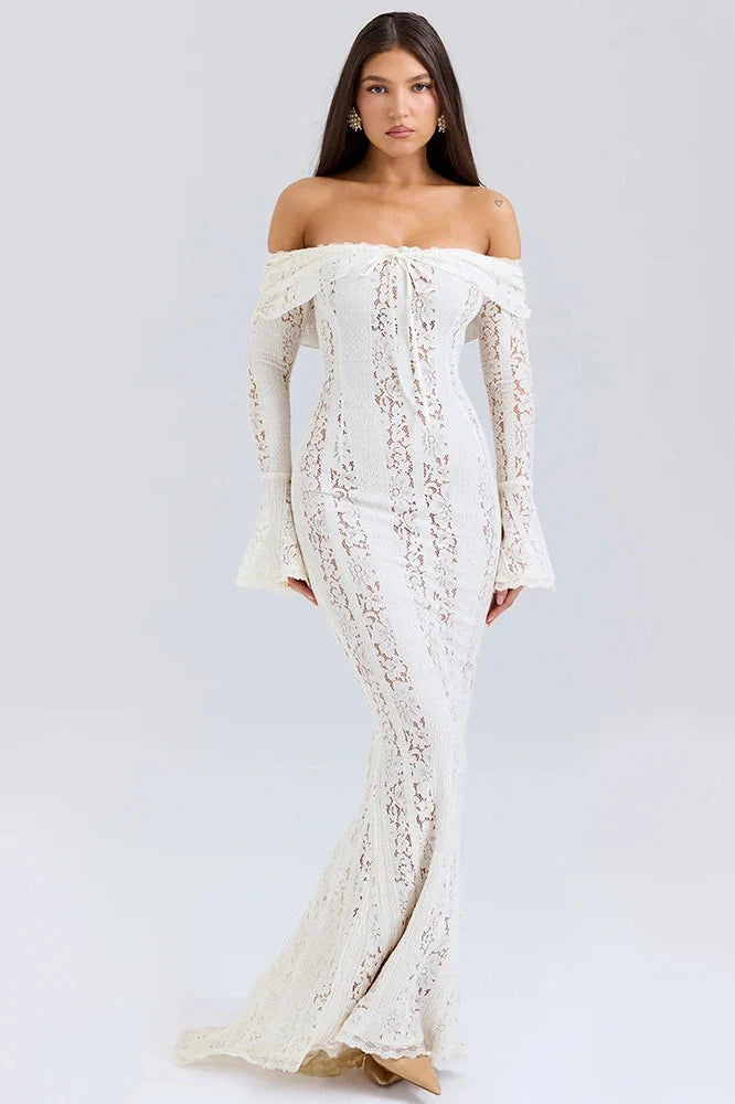 Lace Off-shoulder Strapless Long Sleeve Backless Maxi Dress