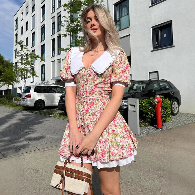 V Neck Printed Short Sleeve Lace Up Mini Dress