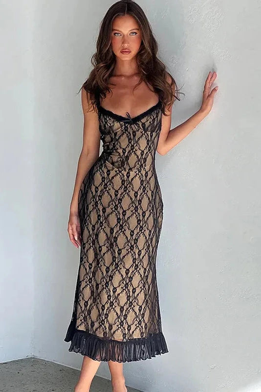 Printed Patchwork Slim See-Through Lace-Up Midi Dress