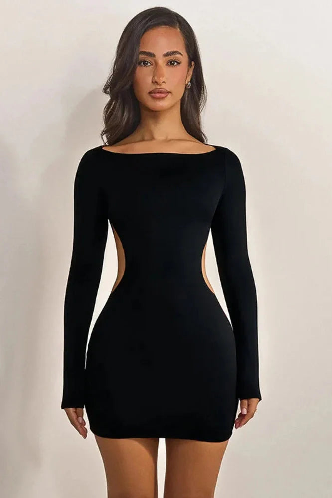 Hollow Out Backless Long Sleeve O Neck High Waist Mini Dress