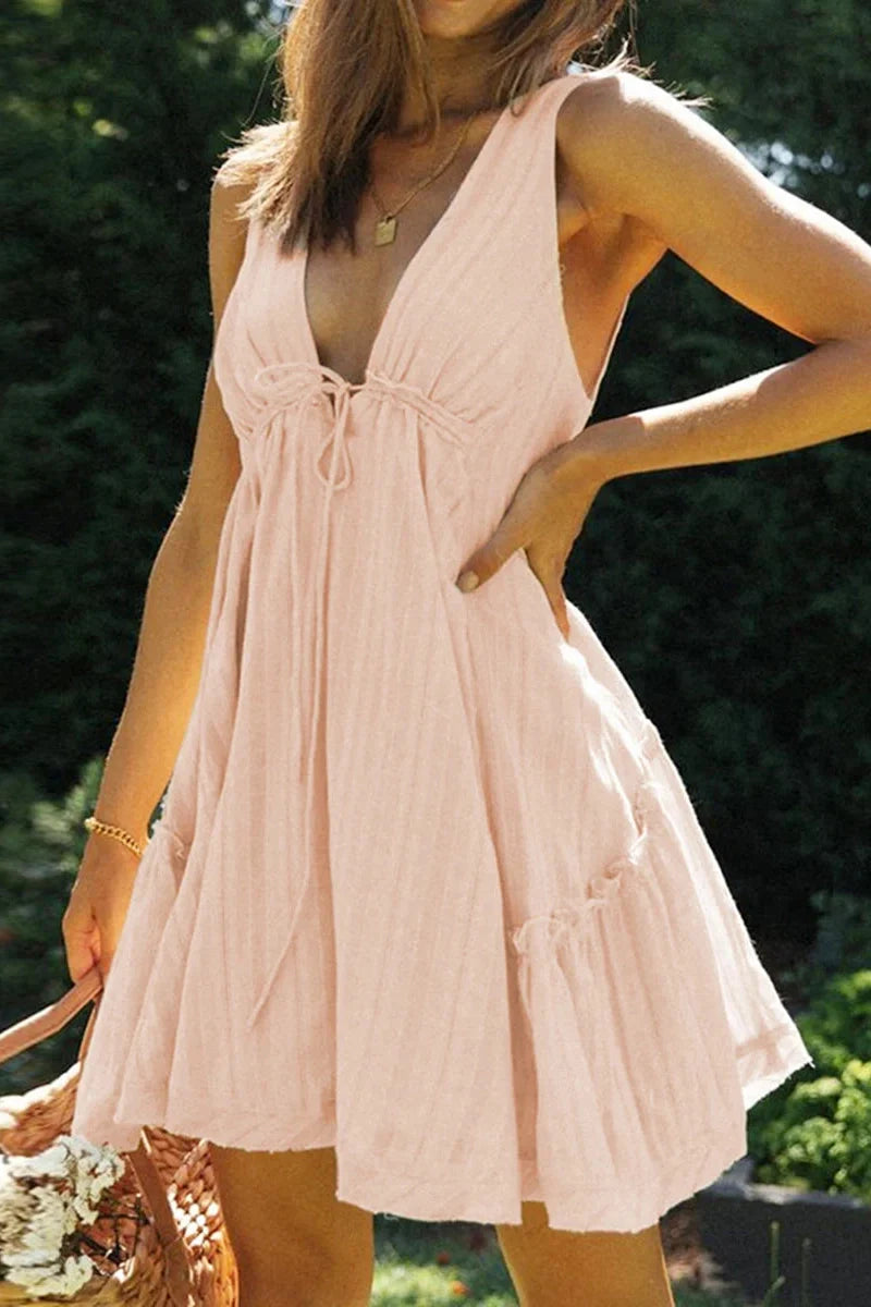 Deep V-Neck Tie-Up Backless A-Line Mini Dress