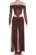 Off Shoulder Long Sleeves Slim High Waist Maxi Dress