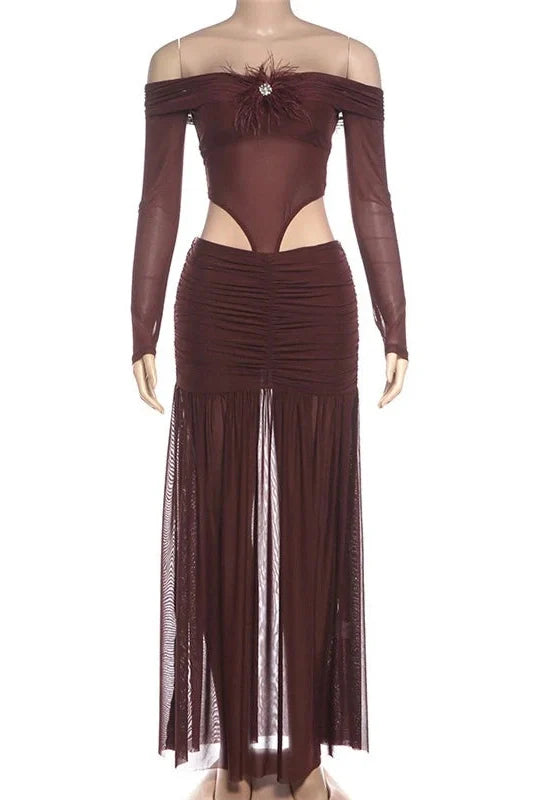 Off Shoulder Long Sleeves Slim High Waist Maxi Dress