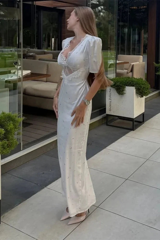 Hollow Out V-Neck Lace Short Sleeve Patchwork Maxi Dress