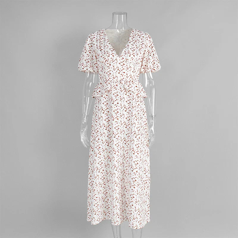 V Neck Puff Sleeve High Waist Maxi Dress