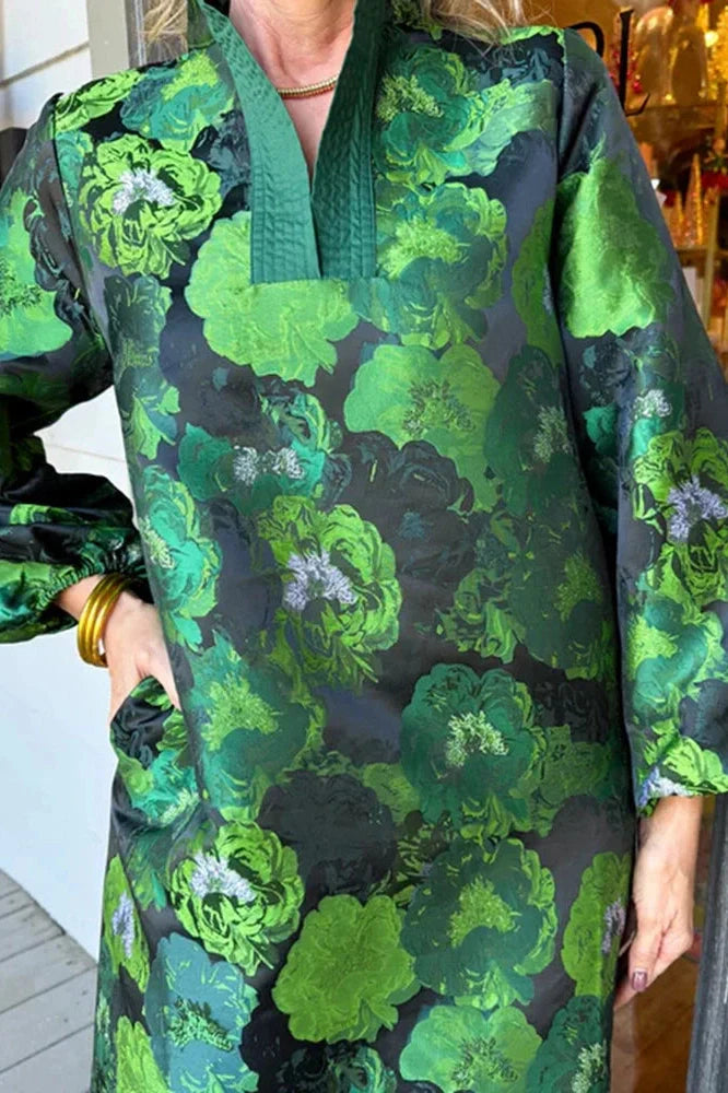 Elegant Pocket Floral Printed Long Sleeve Loose Maxi Dress