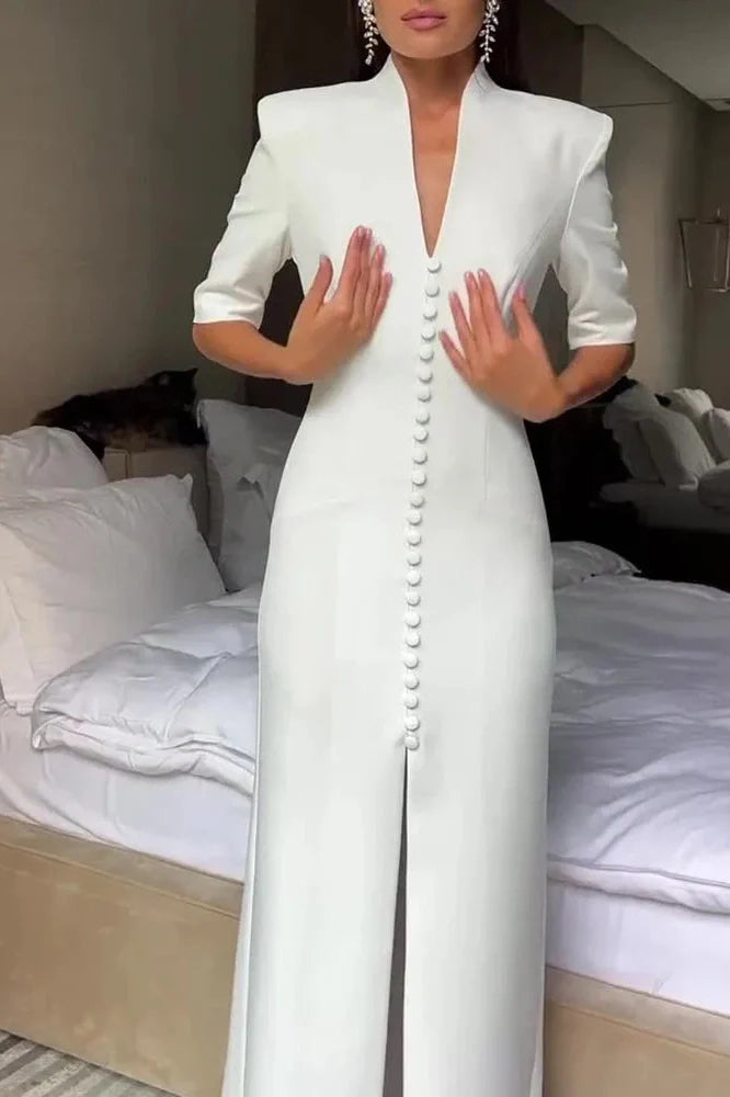 Slim Half Sleeve High Waist Split V-Neck Single Breasted Maxi Dress