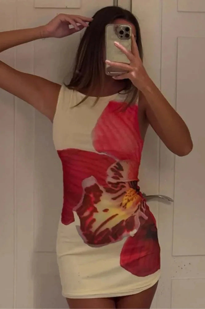 Floral Print O Neck Sleeveless Slim Bodycon Mini Dress