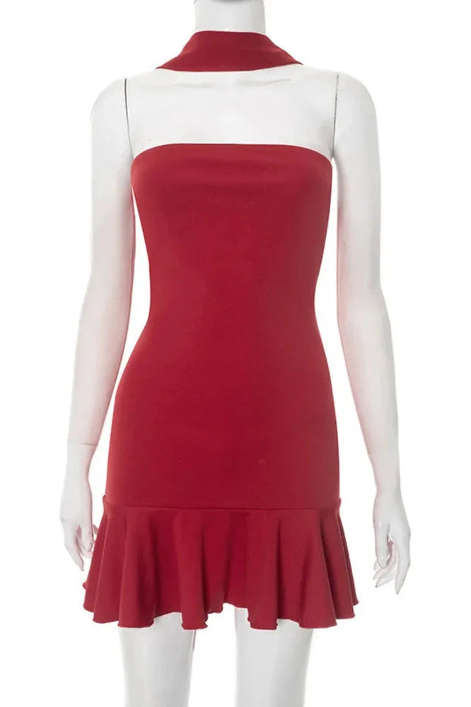 Off-Shoulder Strapless Scarf Collar Backless Sleeveless Mini Dress