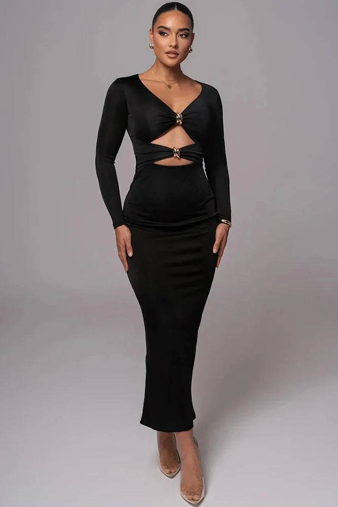 Long Sleeve V Neck Back Split Bodycon Maxi Dress