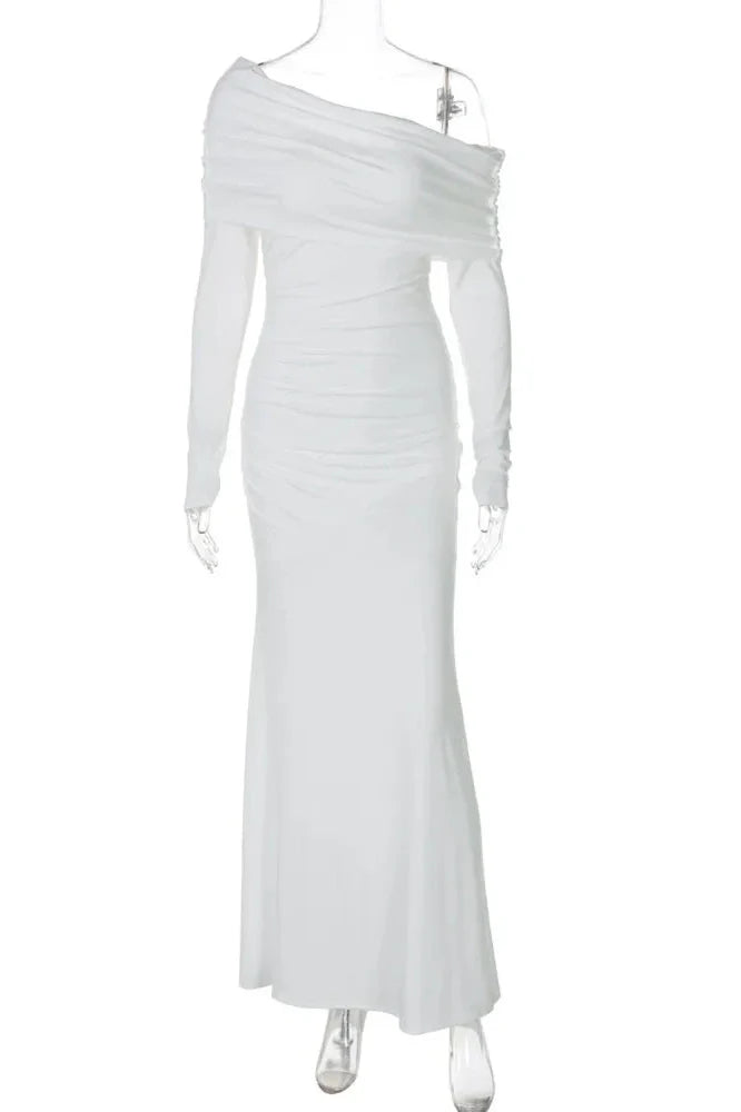 Inclined Shoulder Long Sleeve Strapless High Waist Bodycon Maxi Dress