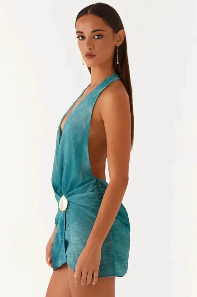 Deep V Neck Sleeveless Backless Mini Dress