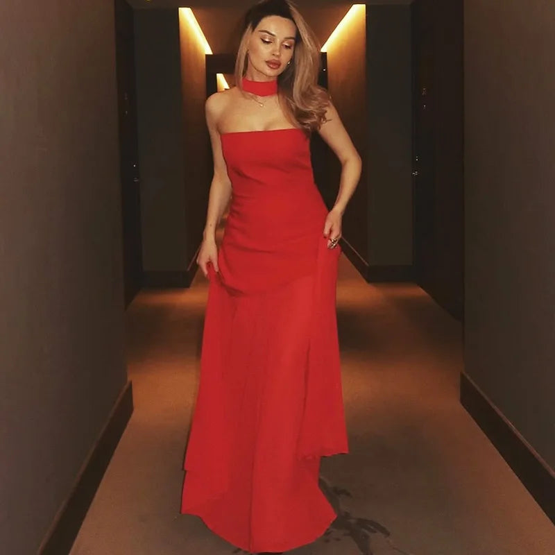Elegant Strapless Scarf Ribbon Patchwork Maxi Dress