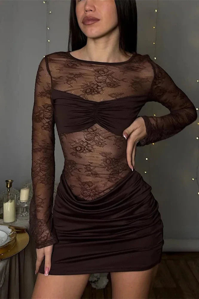 Lace Printed See-Through Long Sleeve Mini Dress