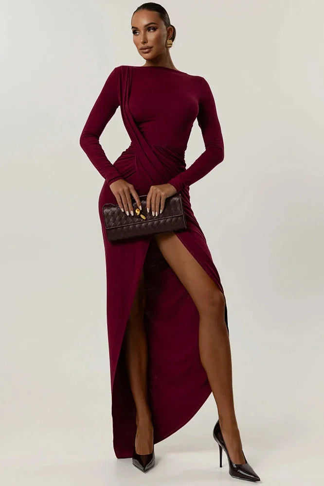 Long Sleeve High Split O Neck Bodycon Maxi Dress